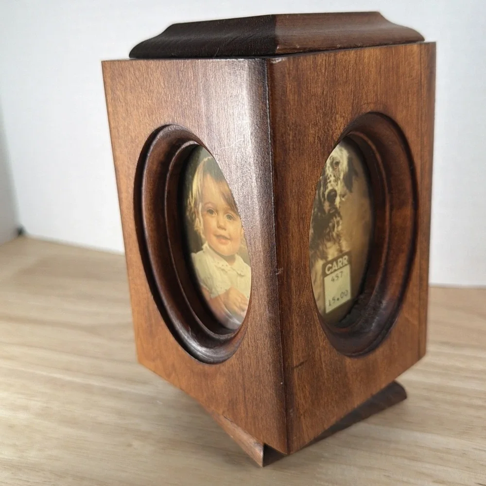 RETRO WOOD PHOTO PICTURE FRAME ROTATING DESK CADDY PENCIL HOLDER 2x3 OVAL 4 Pics
